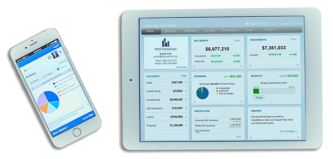 Mobile phone and tablet displaying a wealth management system