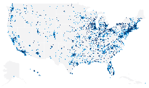 US map with hotspots representing LPL's reach